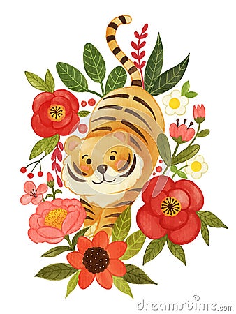 Tiger with flower and leaves decorative . Realistic watercolor paint with paper textured . Cartoon character design . Vector Vector Illustration