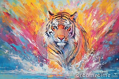 tiger form and spirit through an abstract lens dynamic and expressive tiger print Cartoon Illustration