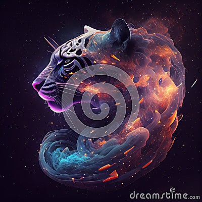 Tiger from Galaxies spirals space nebula stars smoke. AI render Stock Photo