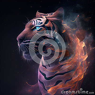 Tiger from Galaxies spirals space nebula stars smoke. AI render Stock Photo