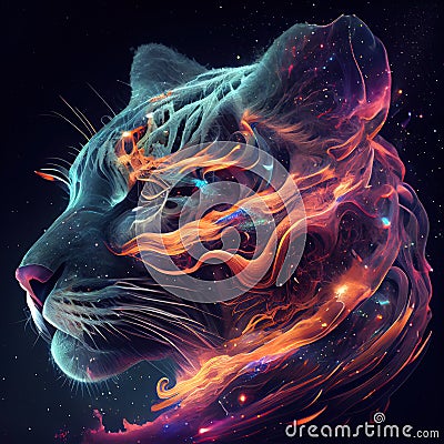 Tiger from Galaxies spirals space nebula stars smoke. AI render Stock Photo
