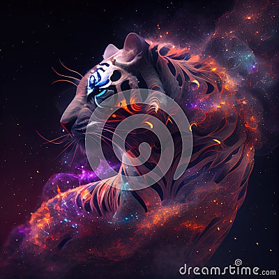 Tiger from Galaxies spirals space nebula stars smoke. AI render Stock Photo