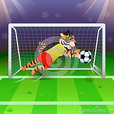 The tiger girl as a goalkeeper catching the soccer ball near gates on the field Vector Illustration
