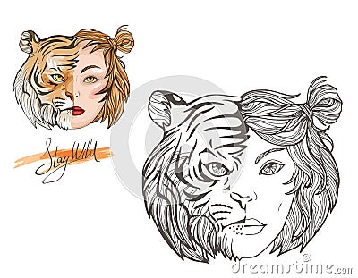 Tiger Girl Face. Linear and colored vector drawing Vector Illustration