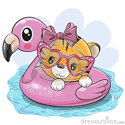 Tiger girl in swimming on pool ring inflatable flamingo Vector Illustration