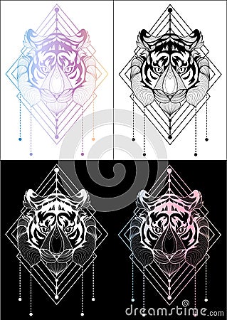 Tiger graphic illustration t-shirt design and tattoo 4 color Vector Illustration