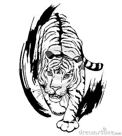 Tiger growls. Black silhouette on white background. Vector Illustration