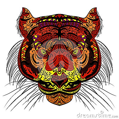 Tiger head Colored hand drawn zentangle design. Vector Illustration