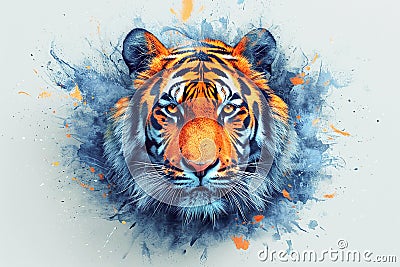 Tiger head drawn with blue and orange paint with strokes on white background front view. Stock Photo
