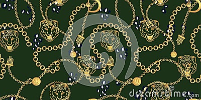 Tiger head and gold chains green pattern fashion wild vector design. Vector Illustration