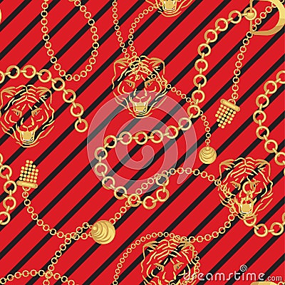 Tiger head and gold chains striped red pattern fashion wild vector design. Vector Illustration