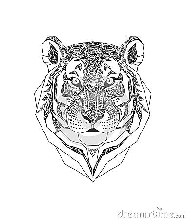 Tiger head isolated on white background., Wild Animal stylized portrait. Zentangle inspired tribal style. Black and Vector Illustration