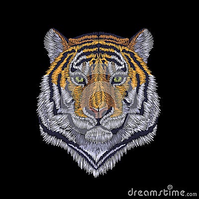 Tiger head noble staring. Front view embroidery patch sticker. Orange striped black wild animal stitch texture textile print. Jung Cartoon Illustration