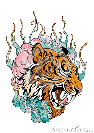 Tiger head in roar with lotus flower decorate with cloud or smoke design with oriental Japanese color tattoo style vector Stock Photo