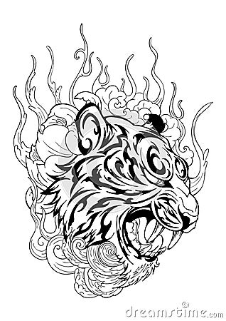 Tiger head in roar with lotus flower decorate with cloud or smoke design with oriental Japanese tattoo style Stock Photo