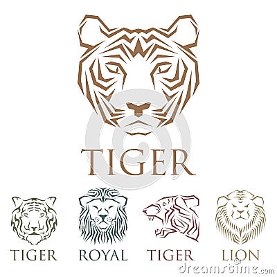 Tiger head royal badge with beautiful animal vector hand drawn lion face illustration. Vector Illustration