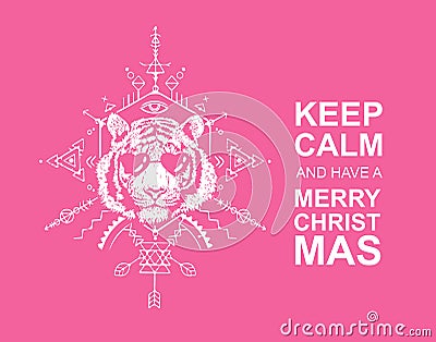 Tiger head in sunglasses. Sacred geometry. The inscription - keep calm and have a merry christmas. Detailed drawing of a tiger Vector Illustration