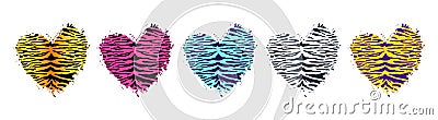 Tiger Heart Shape Print Set. Wild animal skin pattern texture. Orange, pink, blue, white and yellow hand drawn brush Stock Photo