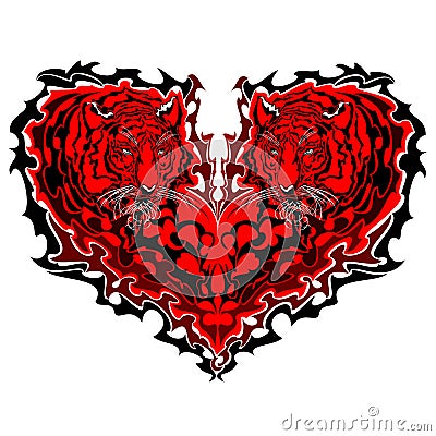 Tiger heart. Two heart shaped tiger heads. Cartoon Illustration