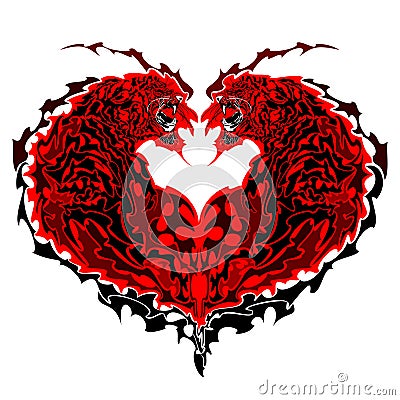 Tiger heart. Two roaring heart-shaped angry tigers. Stock Photo