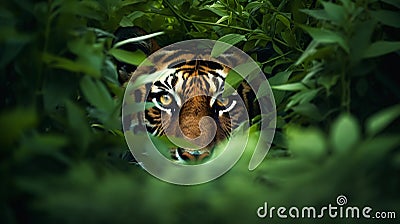 Tiger Hiding in Bushes Looks Professional: Apex Predator Lurking Stock Photo