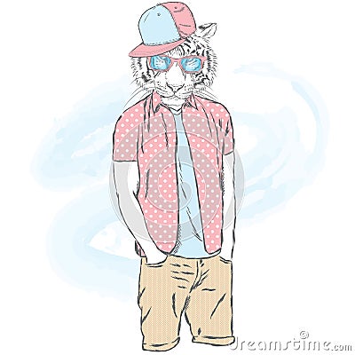 Tiger hipster in summer clothes. Fashion & Style. Vector illustration for greeting card, poster, or print on clothing and accessor Vector Illustration