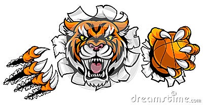 Tiger Holding Basketball Ball Breaking Background Vector Illustration