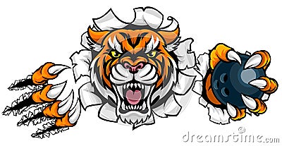 Tiger Holding Bowling Ball Breaking Background Vector Illustration
