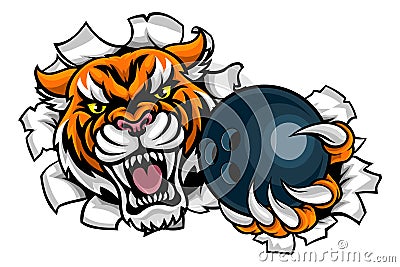 Tiger Holding Bowling Ball Breaking Background Vector Illustration