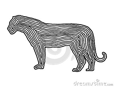 A tiger illustration icon in black offset line. Fingerprint style for logo or background. Cartoon Illustration