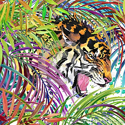 tiger illustration. Tropical exotic forest, white tiger, green leaves, wildlife, watercolor illustration. Cartoon Illustration