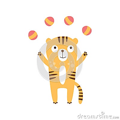 Tiger Juggling With Four Balls Vector Illustration