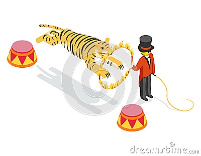 Tiger jumping through ring. Flat isometric 3d Vector Illustration