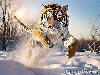 Tiger jumping on snow Cartoon Illustration