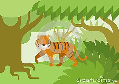 Tiger jungle habitat flat design cartoon vector wild animal Vector Illustration