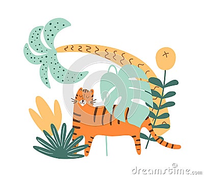 Tiger jungle, tiger safari, tropical exotic palm leaves. Jungle animal predator in cute hand drawn style. Vector Illustration