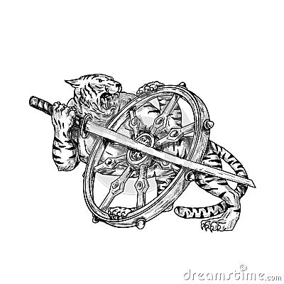 Tiger With Katana and Dharma Wheel Tattoo Cartoon Illustration