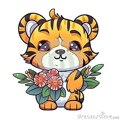 Tiger with large bunch of flowers, cartoon chibi style, AI generative Cartoon Illustration