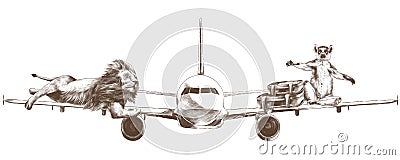 Tiger and lemur flying on the wings of the aircraft Vector Illustration