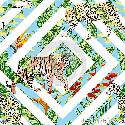 Tiger leopard seamless tropical leaves geometrical background Vector Illustration