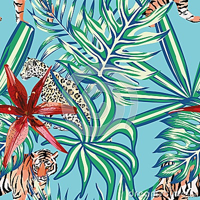 Tiger leopard tropical leaves lily seamless background blue Vector Illustration