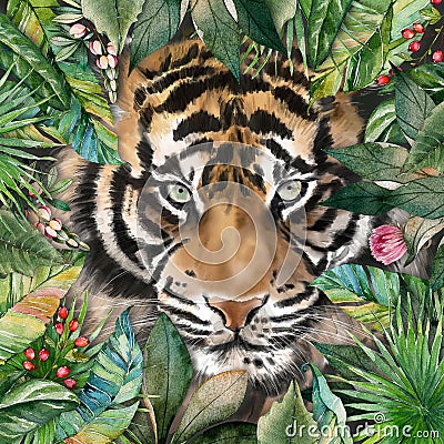 A tiger with light green eyes in a green thicket of leaves and flowers Cartoon Illustration