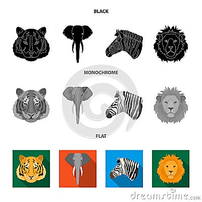 Tiger, lion, elephant, zebra, Realistic animals set collection icons in black, flat, monochrome style vector symbol Vector Illustration