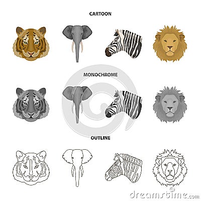 Tiger, lion, elephant, zebra, Realistic animals set collection icons in cartoon,outline,monochrome style vector symbol Vector Illustration