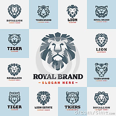 Tiger and lions face logo badge strength predator power wildcat vector illustration. Vector Illustration