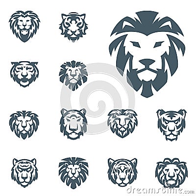 Tiger and lions vector head face silhouette badge strength predator power wildcat illustration power animal Vector Illustration