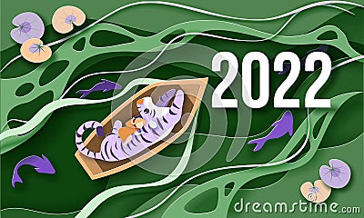 Tiger and little girl in boat float on river with fishes. Vector Illustration