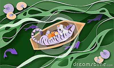 Tiger and little girl in boat float on river with fishes. Vector Illustration