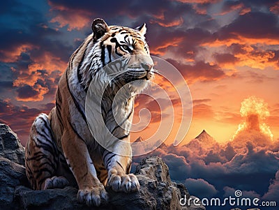 Ai Generated illustration Wildlife Concept of Tiger looking something on the rock Cartoon Illustration