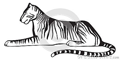 Tiger lying down, black and white on white background, vector isolated. Emblem or team symbol. Vector Illustration